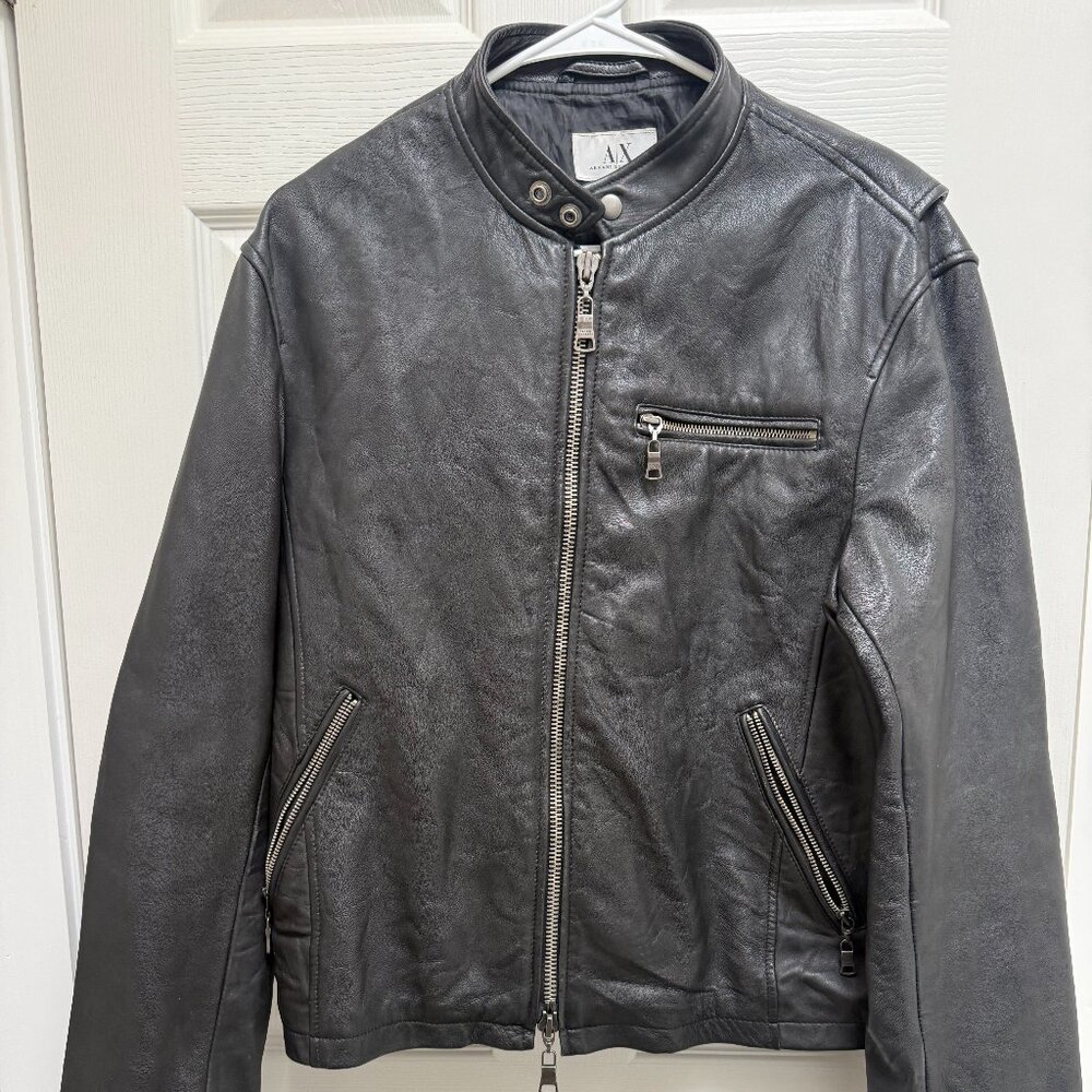 Armani Exchange Black Genuine Leather Moto Biker Jacket Men’s Medium M